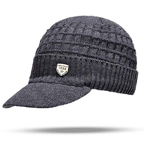 Yixda Men's Winter Hat with Peak Warm Knitted Beanie Cap with Fleece Lining, gray, One Size