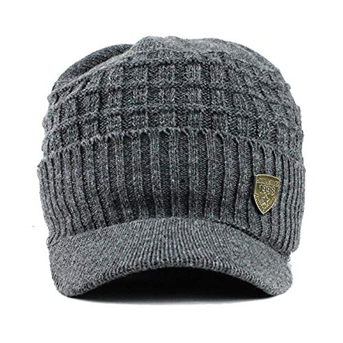 Yixda Men's Winter Hat with Peak Warm Knitted Beanie Cap with Fleece Lining, gray, One Size