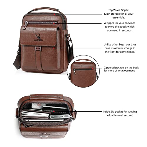 Vologle Men's Shoulder Bag PU Leather Messenger, Business Crossbody Manbag Casual Handbags Side Satchel Sling, Flight Sport Bags for Working Shopping Travel Daily (Brown)