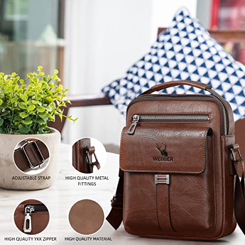 Vologle Men's Shoulder Bag PU Leather Messenger, Business Crossbody Manbag Casual Handbags Side Satchel Sling, Flight Sport Bags for Working Shopping Travel Daily (Brown)