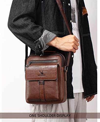 Vologle Men's Shoulder Bag PU Leather Messenger, Business Crossbody Manbag Casual Handbags Side Satchel Sling, Flight Sport Bags for Working Shopping Travel Daily (Brown)