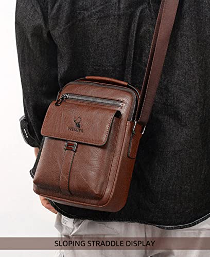 Vologle Men's Shoulder Bag PU Leather Messenger, Business Crossbody Manbag Casual Handbags Side Satchel Sling, Flight Sport Bags for Working Shopping Travel Daily (Brown)