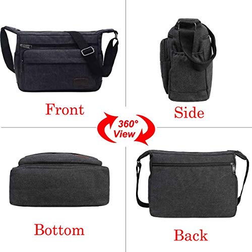 JAKAGO Waterproof Messenger Shoulder Bag,Multi Pockets Canvas Crossbody Bag for Men,Casual Lightweight Satchel Bag for Travel Outdoor Hiking Working Daily Use (Black, M)