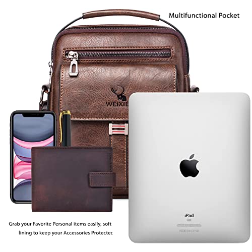Vologle Men's Shoulder Bag PU Leather Messenger, Business Crossbody Manbag Casual Handbags Side Satchel Sling, Flight Sport Bags for Working Shopping Travel Daily (Brown)