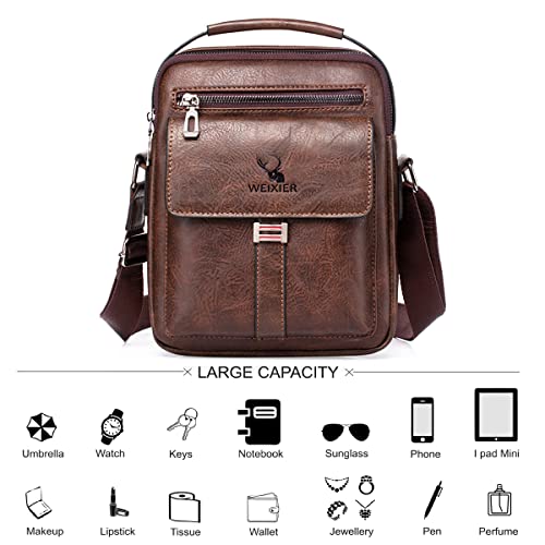 Vologle Men's Shoulder Bag PU Leather Messenger, Business Crossbody Manbag Casual Handbags Side Satchel Sling, Flight Sport Bags for Working Shopping Travel Daily (Brown)