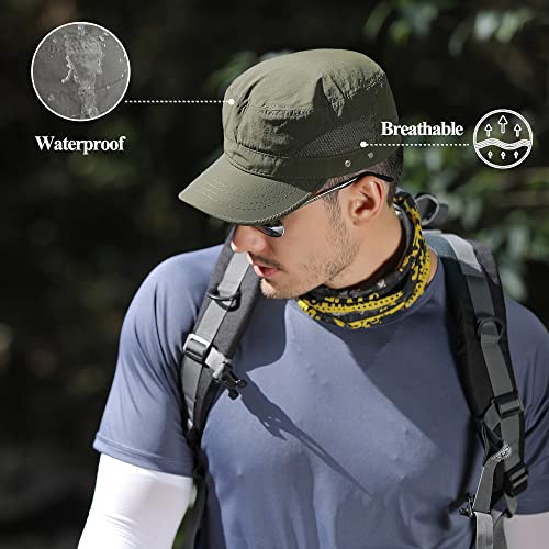 Pyrafox Mens Waterproof Flat Top Army Cap, Short Brim Outdoor Breathable Military Cap, Adjustable Classic Navy Hat, Baseball Cap Army Green