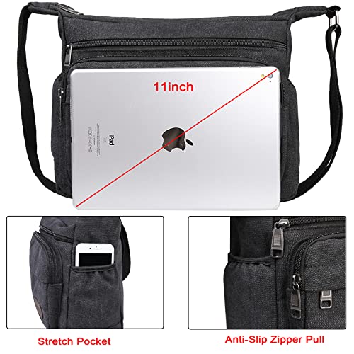 JAKAGO Waterproof Messenger Shoulder Bag,Multi Pockets Canvas Crossbody Bag for Men,Casual Lightweight Satchel Bag for Travel Outdoor Hiking Working Daily Use (Black, M)