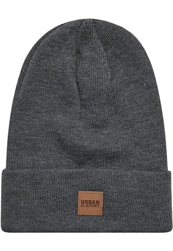 Urban Classics Leather Patch Long Beanie Knitted hat, Charcoal, One Size