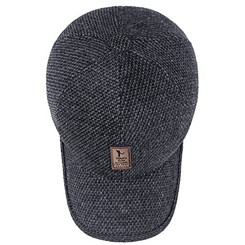 Men's Winter Warm Wool Woolen Tweed Peaked Baseball Cap Hat with Fold Earmuffs Warmer (A-Black)