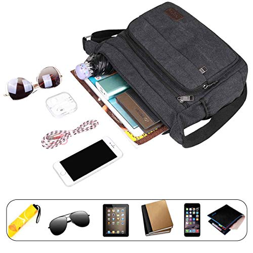 JAKAGO Waterproof Messenger Shoulder Bag,Multi Pockets Canvas Crossbody Bag for Men,Casual Lightweight Satchel Bag for Travel Outdoor Hiking Working Daily Use (Black, M)