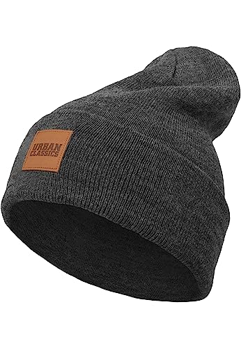 Urban Classics Leather Patch Long Beanie Knitted hat, Charcoal, One Size