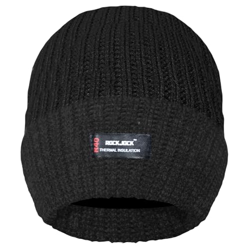 RockJock Mens Thinsulate Lined Insulated Winter Thermal Ski Beanie Hat Mens Ribbed Chunky Warm (Full Black)(Size: Mens/Adults)