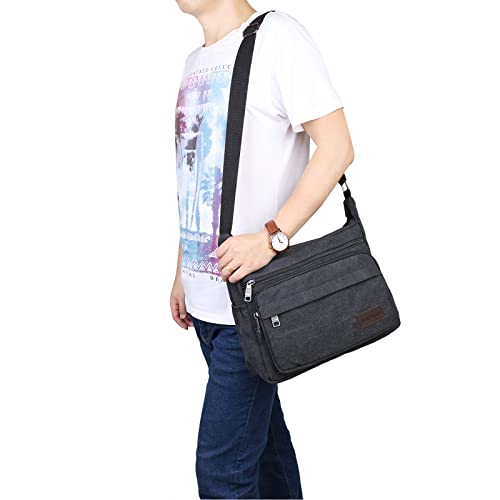 JAKAGO Waterproof Messenger Shoulder Bag,Multi Pockets Canvas Crossbody Bag for Men,Casual Lightweight Satchel Bag for Travel Outdoor Hiking Working Daily Use (Black, M)
