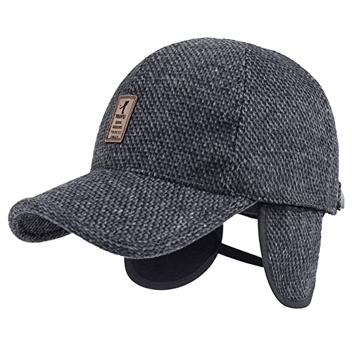 Men's Winter Warm Wool Woolen Tweed Peaked Baseball Cap Hat with Fold Earmuffs Warmer (A-Black)