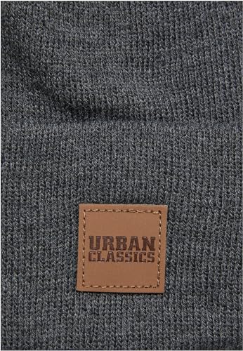 Urban Classics Leather Patch Long Beanie Knitted hat, Charcoal, One Size