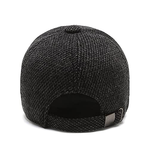 Men's Winter Warm Wool Woolen Tweed Peaked Baseball Cap Hat with Fold Earmuffs Warmer (A-Black)