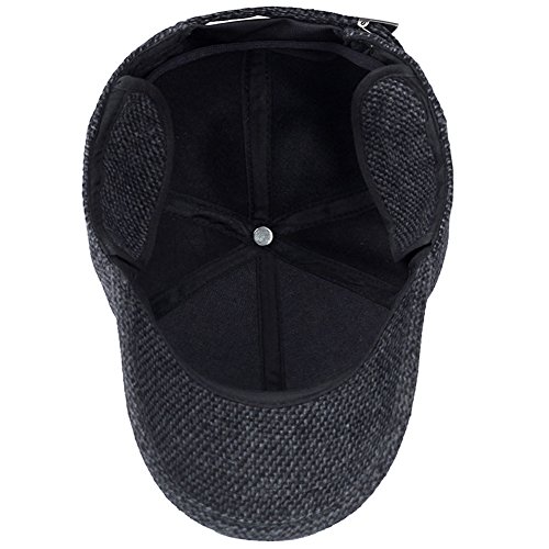 Men's Winter Warm Wool Woolen Tweed Peaked Baseball Cap Hat with Fold Earmuffs Warmer (A-Black)