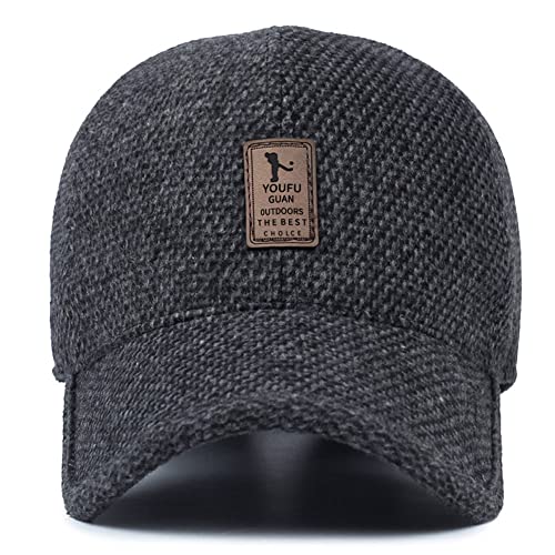 Men's Winter Warm Wool Woolen Tweed Peaked Baseball Cap Hat with Fold Earmuffs Warmer (A-Black)