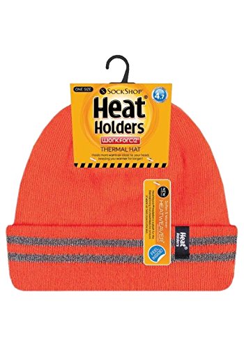 HEAT HOLDERS - Mens hi vis Reflective Outdoor Winter Thermal Knitted high Visibility Turnover hat in Orange and Yellow (One Size, Hi Vis Orange)