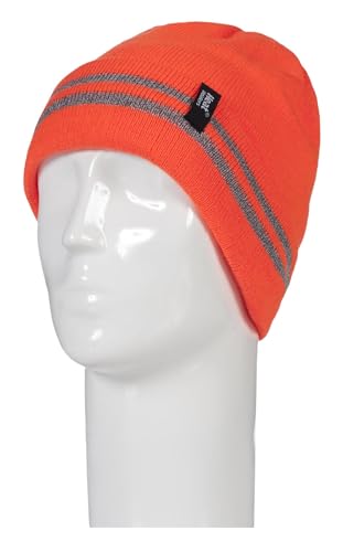 HEAT HOLDERS - Mens hi vis Reflective Outdoor Winter Thermal Knitted high Visibility Turnover hat in Orange and Yellow (One Size, Hi Vis Orange)