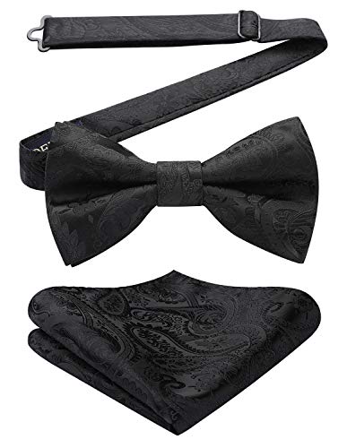 HISDERN Men's Pre-tied Bow Tie Set Paisley Jacquard Black Bow ties and Pocket Square for Wedding Party