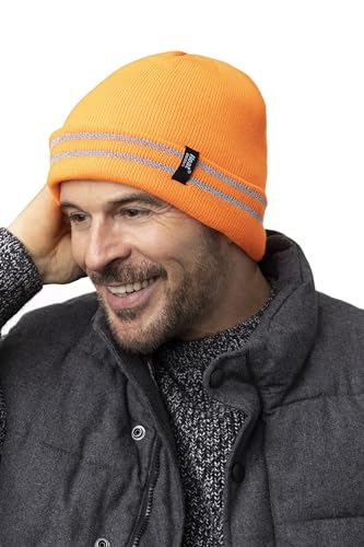 HEAT HOLDERS - Mens hi vis Reflective Outdoor Winter Thermal Knitted high Visibility Turnover hat in Orange and Yellow (One Size, Hi Vis Orange)