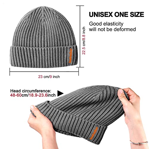 Unisex Beanie Hat - Winter Knit Hat Stretchy Soft Cuffed Beanie with Supersoft Velour Thermal Lining (Grey)
