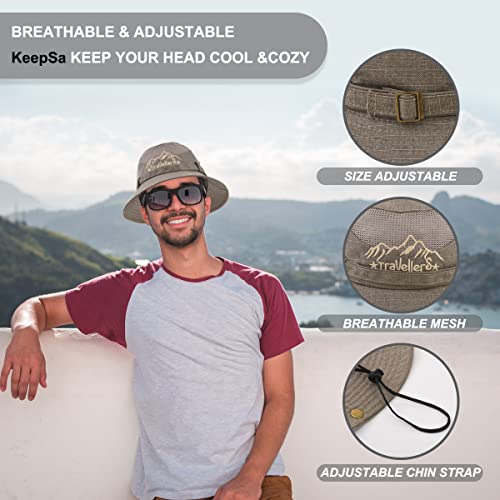 KeepSa Cotton Sun Hat UV Protection Summer Hats Beach Hat Safari Boonie Hat Foldable Fishing Hat with Breathable Mesh and Adjustable Chin Strap Khaki