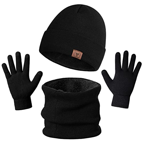 OZERO Winter Beanie Hat Scarf Set Men Women Hat Scarves Gloves Set Thermal Winter Warm Knitted Beanie Hat Neck Warmer and Touchscreen Gloves(Black One Size)