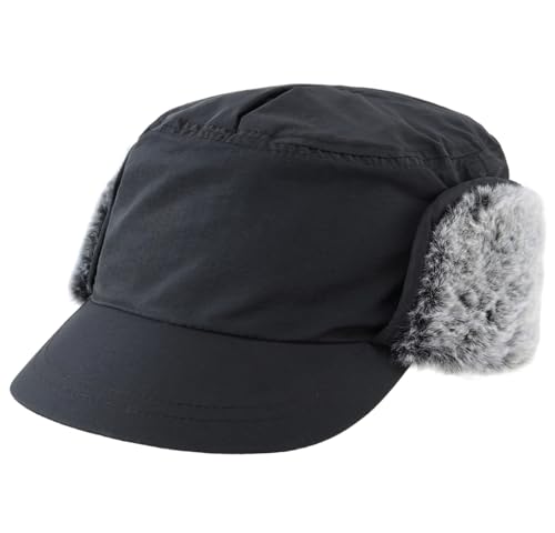 Magracy Outdoor Men's Winter Baseball Cap with Visor Warm Earflap Hat Faux Fur Trapper Hunting Hat Ski Snow Black