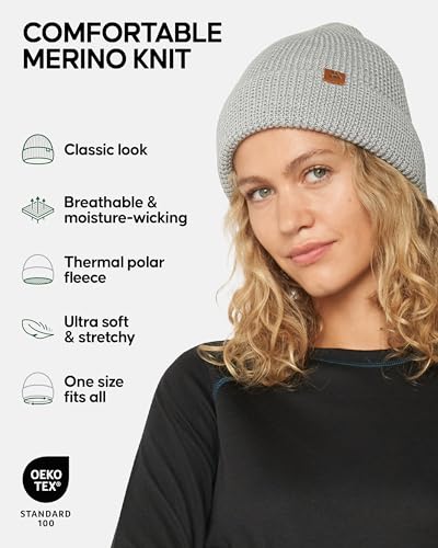 DANISH ENDURANCE Polar Fleece Lining Merino Wool Beanie for Autumn and Winter Mens&Womens, Thermal Hats Grey