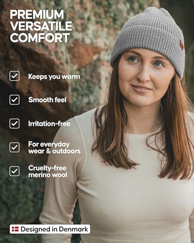 DANISH ENDURANCE Polar Fleece Lining Merino Wool Beanie for Autumn and Winter Mens&Womens, Thermal Hats Grey
