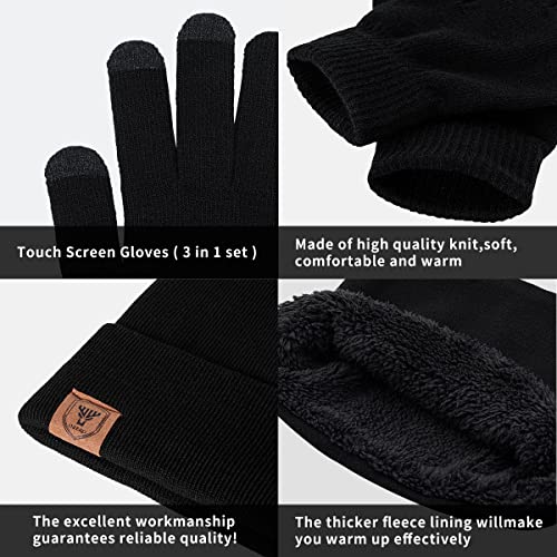 OZERO Winter Beanie Hat Scarf Set Men Women Hat Scarves Gloves Set Thermal Winter Warm Knitted Beanie Hat Neck Warmer and Touchscreen Gloves(Black One Size)