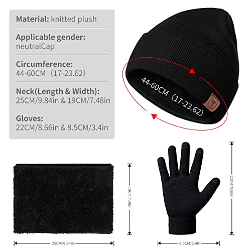 OZERO Winter Beanie Hat Scarf Set Men Women Hat Scarves Gloves Set Thermal Winter Warm Knitted Beanie Hat Neck Warmer and Touchscreen Gloves(Black One Size)