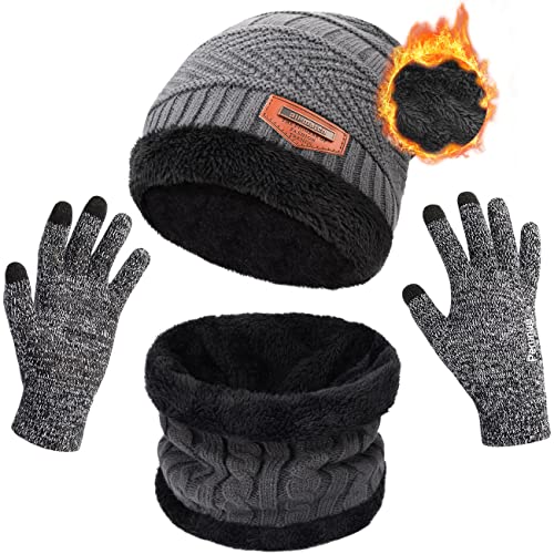 Petrunup Beanie Hat Scarf Gloves Set for Mens Ladies Winter Slouch Beanie Running + Fleece Lining Scarf + Knit Touchscreen Gloves Grey