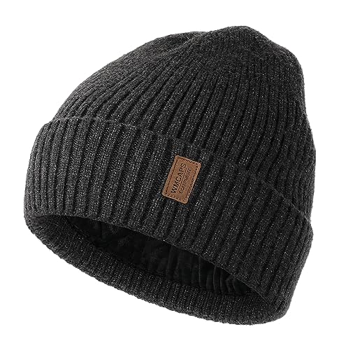 Wmcaps Beanie for Men, Unisex Classic Knit Beanie Winter Hat Stretchy Soft Cuffed Wooly Beanie with Thermal Thick Fleece Lining, Gifts for Men/Women/Her/Him/Dad（Dark Grey）
