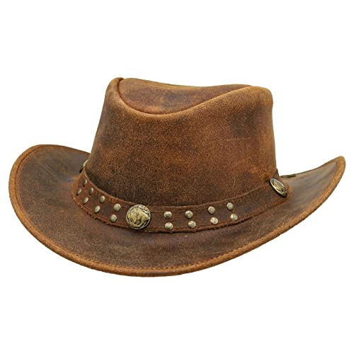Shapeable Outback hat Style Leather Cowboy Old Style hat for Men and Women Western Wide Brim Vintage Brown