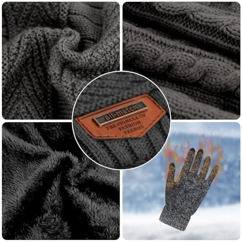 Petrunup Beanie Hat Scarf Gloves Set for Mens Ladies Winter Slouch Beanie Running + Fleece Lining Scarf + Knit Touchscreen Gloves Grey