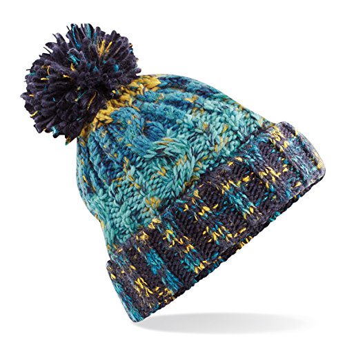 Beechfield Unisex Adults Corkscrew Knitted Pom Beanie Hat, Multicolour (Retro Blue 000), One (Size:One Size)