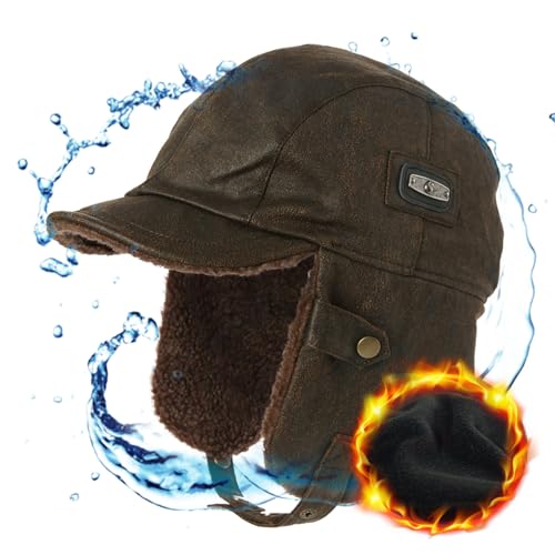 Winter Waterproof & Windproof Trapper Hat for Men & Women - Warm Faux Leather Aviator Cap with Ear Flaps - Ladies Peaked Hat with Fleece Lining Coffee L