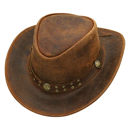 Shapeable Outback hat Style Leather Cowboy Old Style hat for Men and Women Western Wide Brim Vintage Brown