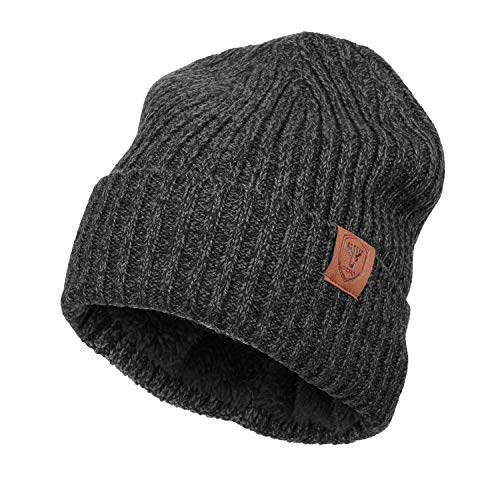 OZERO Winter Beanie Men and Women Warm Knit Skull Hat Thermal Thick Polar Fleece Snow Cap (Black/Grey)