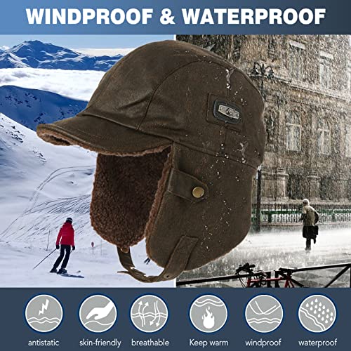 Winter Waterproof & Windproof Trapper Hat for Men & Women - Warm Faux Leather Aviator Cap with Ear Flaps - Ladies Peaked Hat with Fleece Lining Coffee L
