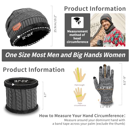 Petrunup Beanie Hat Scarf Gloves Set for Mens Ladies Winter Slouch Beanie Running + Fleece Lining Scarf + Knit Touchscreen Gloves Grey