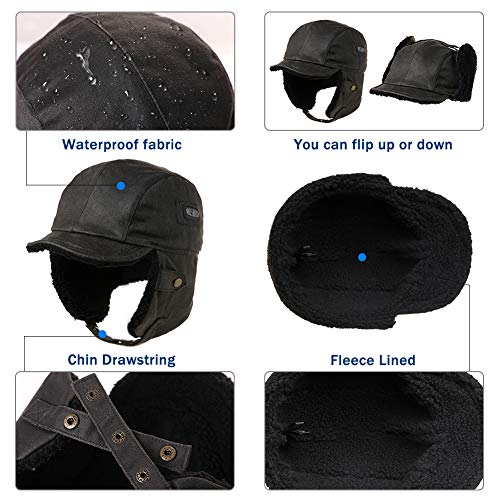 Winter Waterproof & Windproof Trapper Hat for Men & Women - Warm Faux Leather Aviator Cap with Ear Flaps - Ladies Peaked Hat with Fleece Lining Coffee L