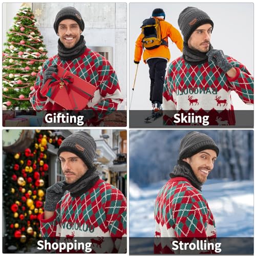 Petrunup Beanie Hat Scarf Gloves Set for Mens Ladies Winter Slouch Beanie Running + Fleece Lining Scarf + Knit Touchscreen Gloves Grey