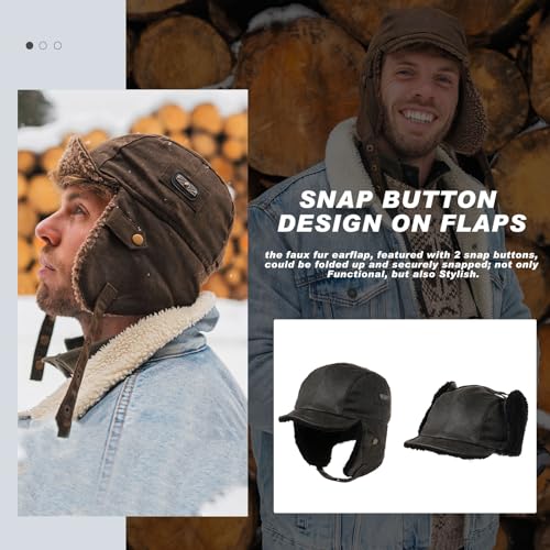 Winter Waterproof & Windproof Trapper Hat for Men & Women - Warm Faux Leather Aviator Cap with Ear Flaps - Ladies Peaked Hat with Fleece Lining Coffee L