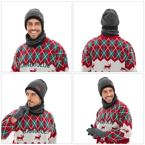 Petrunup Beanie Hat Scarf Gloves Set for Mens Ladies Winter Slouch Beanie Running + Fleece Lining Scarf + Knit Touchscreen Gloves Grey