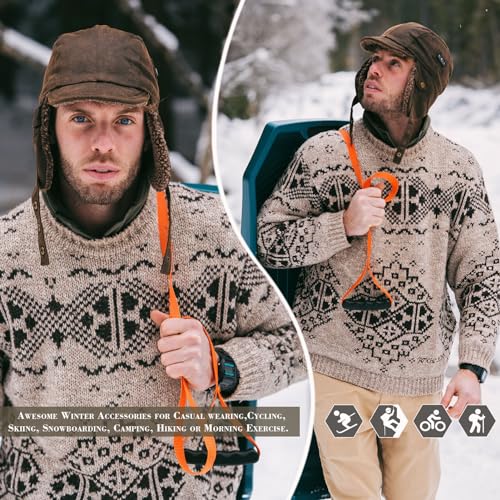 Winter Waterproof & Windproof Trapper Hat for Men & Women - Warm Faux Leather Aviator Cap with Ear Flaps - Ladies Peaked Hat with Fleece Lining Coffee L