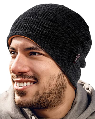 Lvaiz Mens Winter Beanie Hat Warm Fleece Lined Skull Cap for Men Reversible Women Windproof Watch Hat Knit Warm Unisex Beanie, Black+Orange, One Size